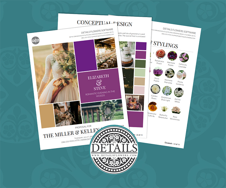 Graphic image featuring 3 Details Flowers proposal pages.