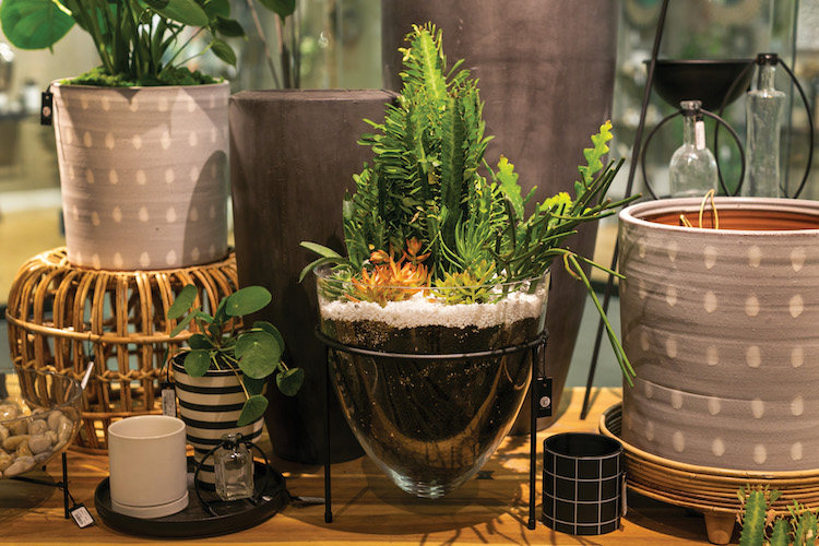 A close up image of Accent Decor planters and home decor accessories within a showroom installation.