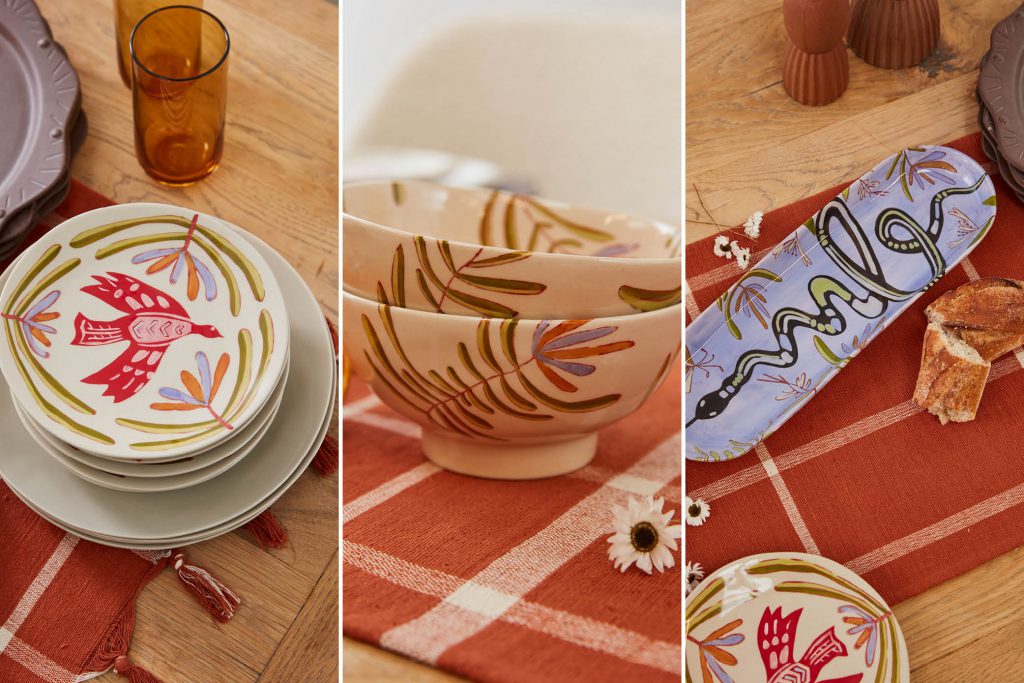 A visually appealing assortment of tableware products arranged on a tabletop. The image features an elegant display of various items. In the center, there are delicate porcelain plates and bowls with intricate designs, showcasing artistic craftsmanship.