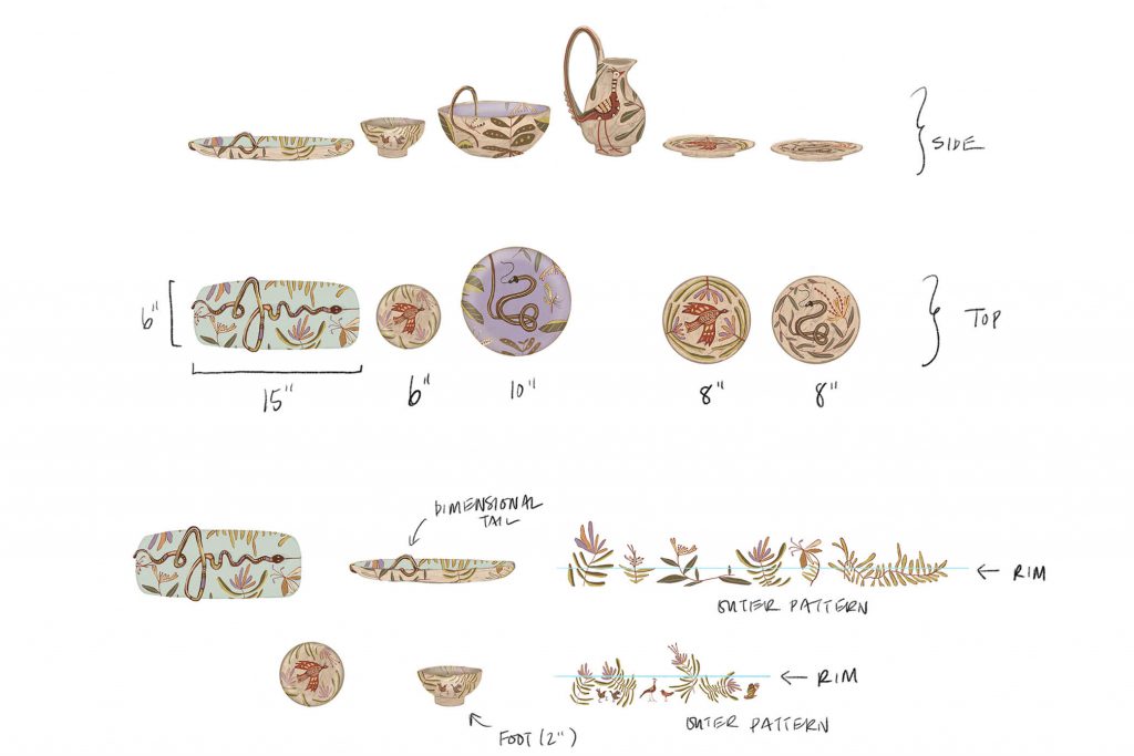A collection of sketches showcasing various kitchen table products. The sketches include designs for different tableware and accessories. In the foreground, there are detailed drawings of stylish ceramic plates and bowls with intricate patterns.