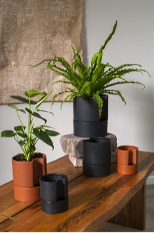 Jett Pot styled in a large grouping atop a table.