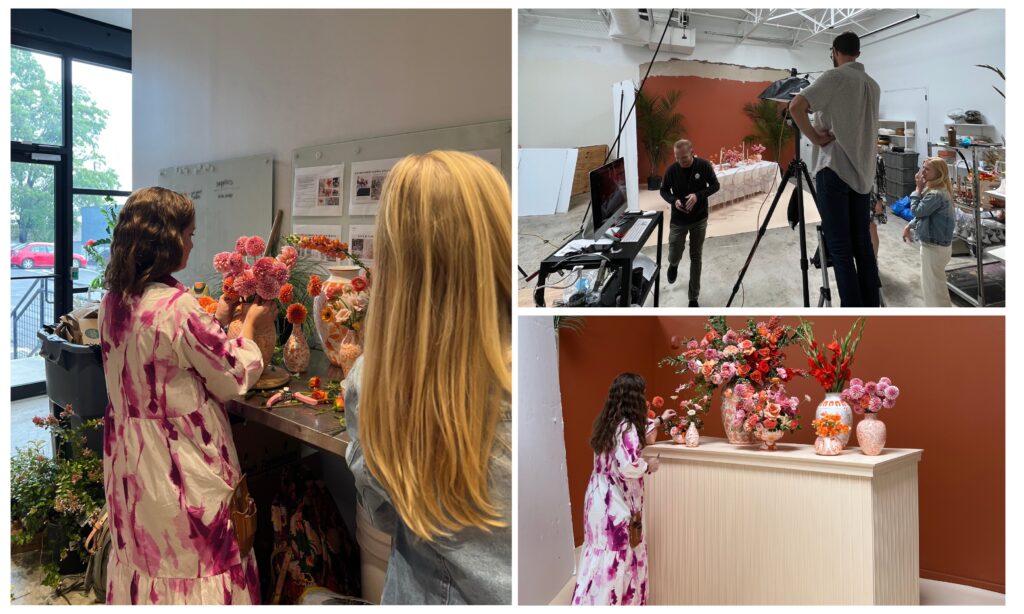 Behind the scenes of a photoshoot ft. wholesale vases, the Sweet Root Village team & photography team.