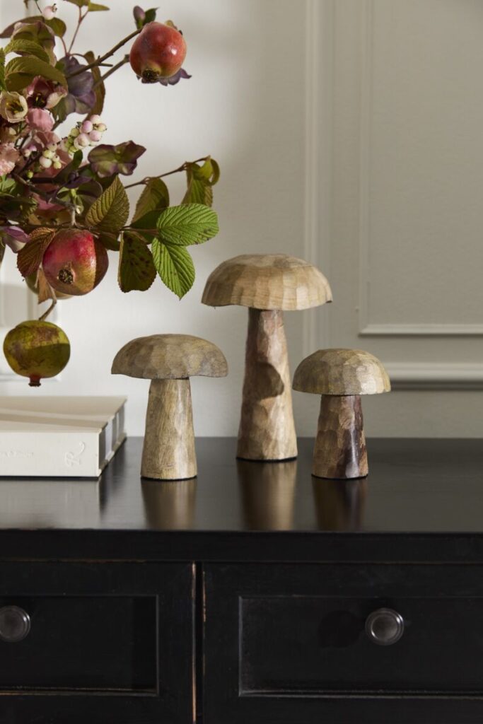 Accent Decor's Porcini Mushroom Collection atop a console table. 