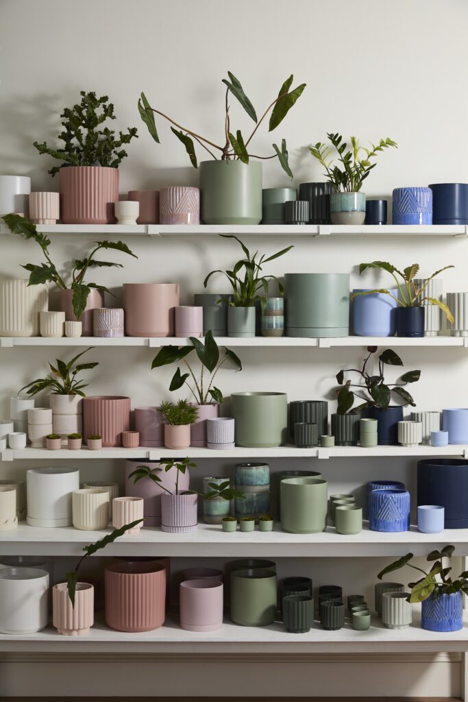 A large set of shelves filled with wholesale pots and planters from Accent Decor's Core Pot Collection, and complementary pots and planters.