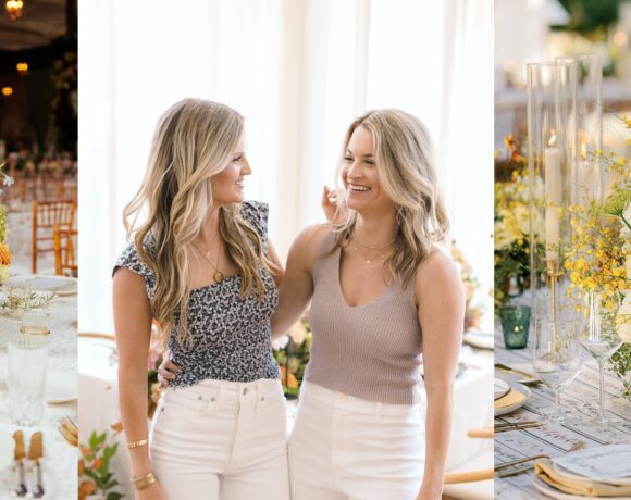 Wholesale event decor ft. lush flowers atop event tables and the sister duo team behind Juniper & Jasmine.