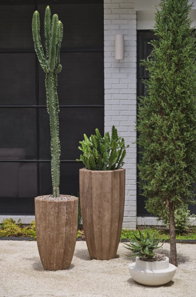 Assortment of large outdoor planter pots in neutral tones styled with cacti in a backyard.