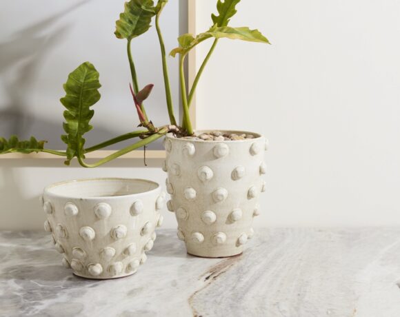 Neutral colored wholsale home accent vases, featuring knobby appliqués, atop a table with plants.