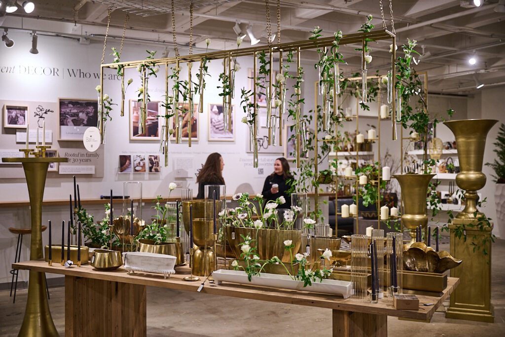 Suspended tabletop wedding decor ft. florals within the Accent Decor showroom. 