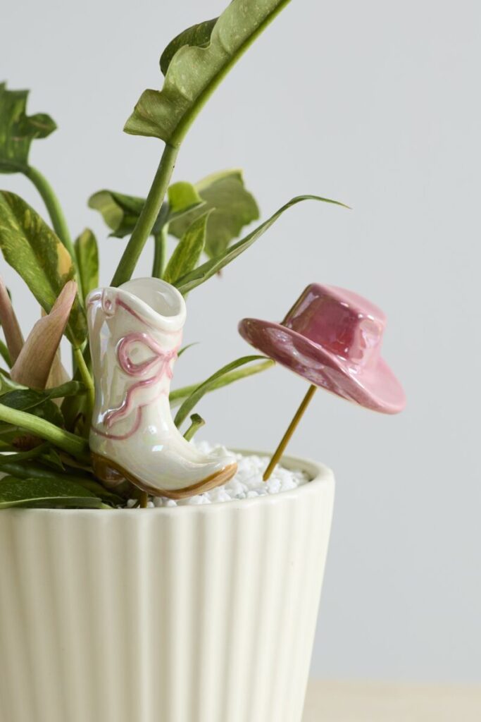 Two country western themed plant sticks, a pink and white cowgirl boot and pink cowgirl hat, situated within a lush, green houseplant.