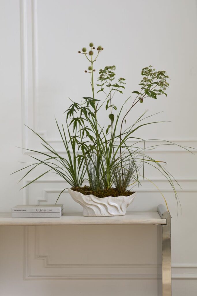 A lush green houseplant contained within a stylish, white ceramic bowl styled atop an entryway table.