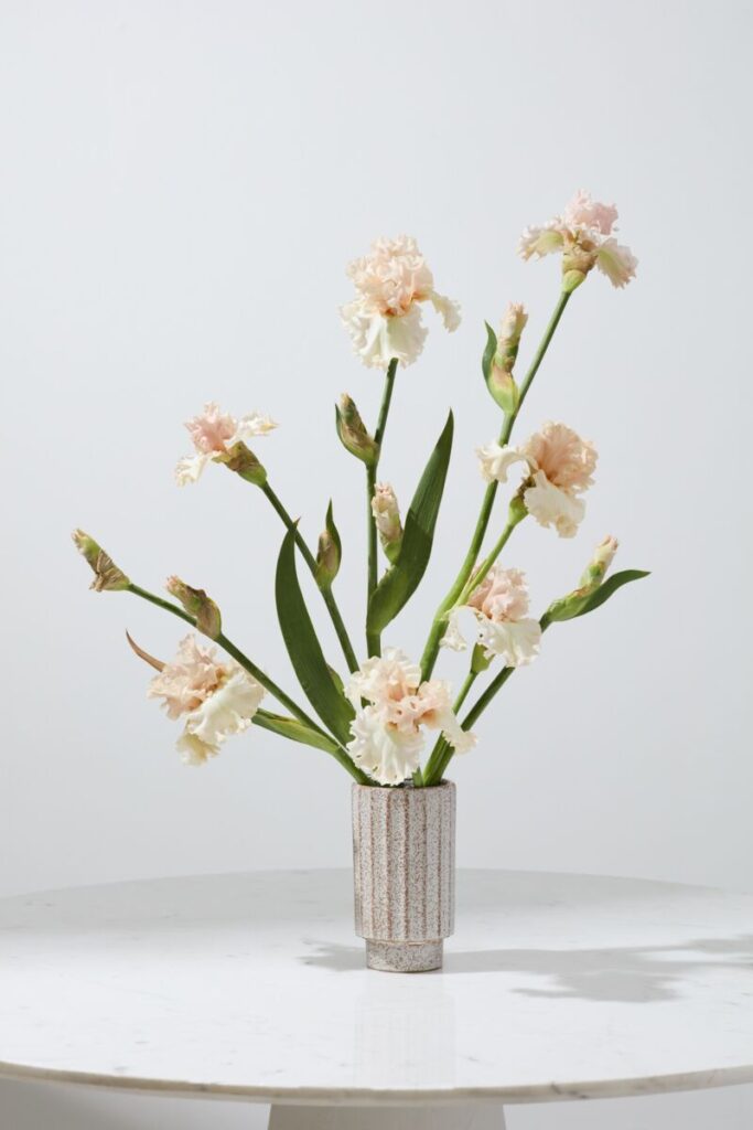 The Corely Vase filled with striking irises atop a white tabletop.